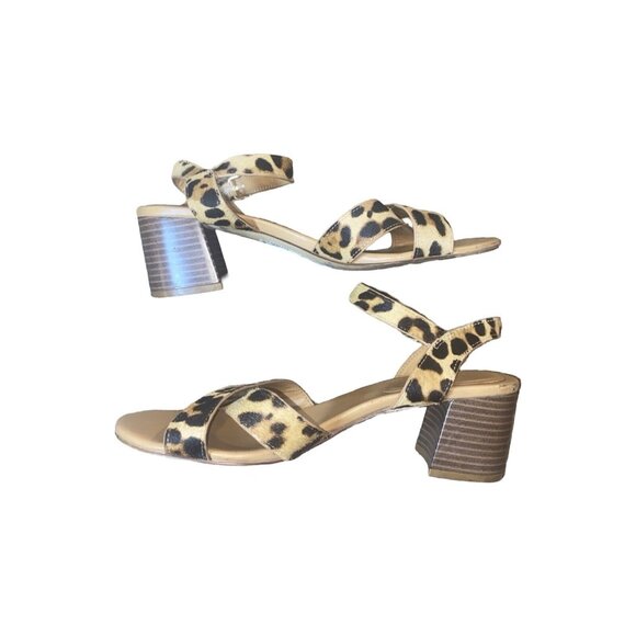 J.Crew Leopard Print Calf Hair Ankle Strap Low Block-Heel Sandals Size 8.5 - Picture 4 of 10